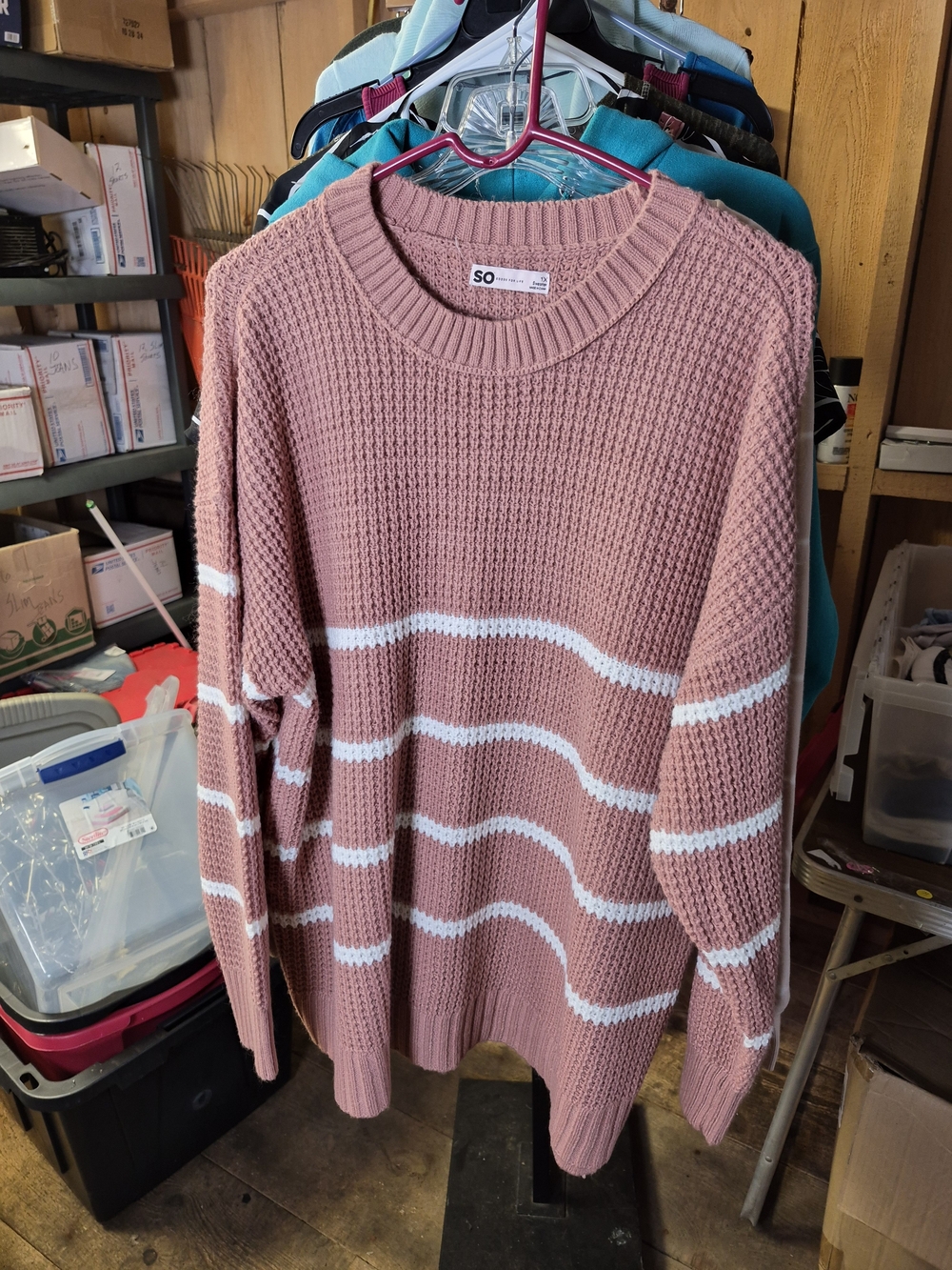 SO Pink and White Striped Crewneck Sweater Bin 56